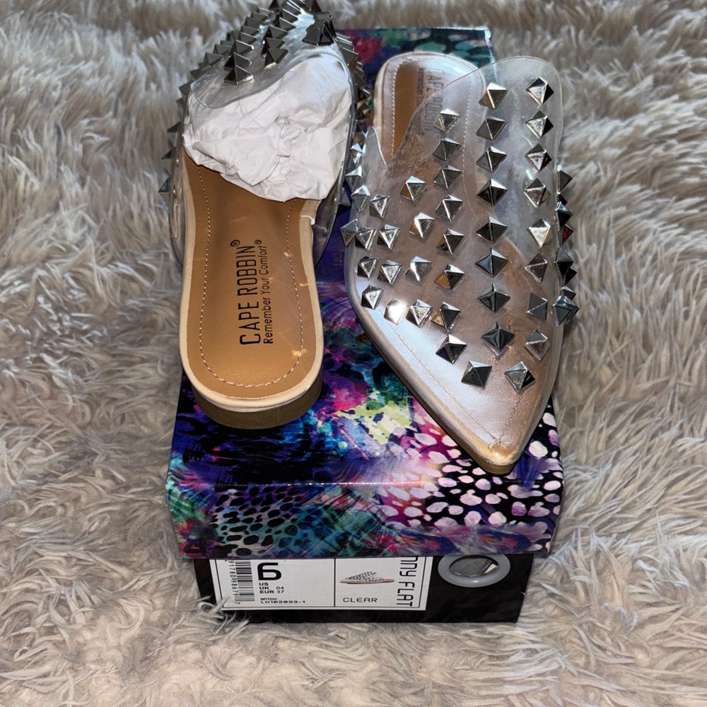 Cape Robbin Silver Studded Pointed Mules - Clear Metallic